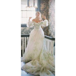 Monique Lhuillier White and Green Floral Dress